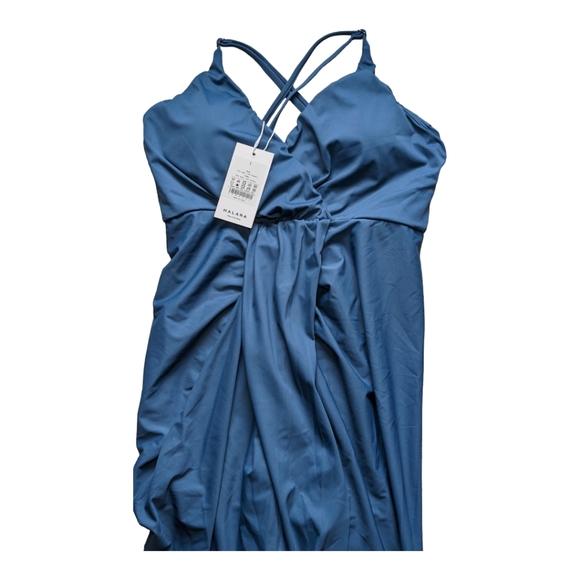 NWT Halara Deep V Neck Backless Crisscross Adjustable Straps Midi Blue Dress - Picture 4 of 7